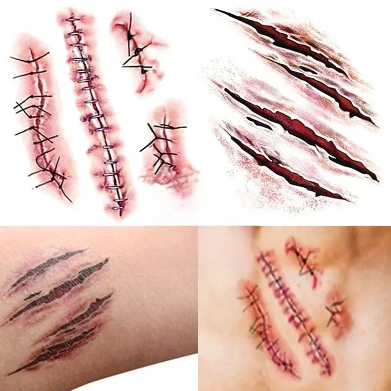3D False Cool Scary Zombie Costume Halloween Tattoo Makeup Tool Fake Scab Blood Sticker