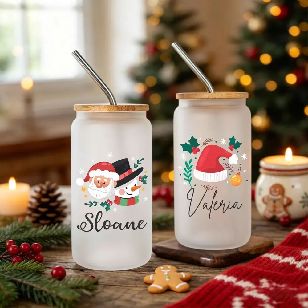 Christmas Frosted Glass Tumbler Custom Name Santa Snowman Print 16oz Glass Can with Bamboo Lid & Straw, Xmas Present