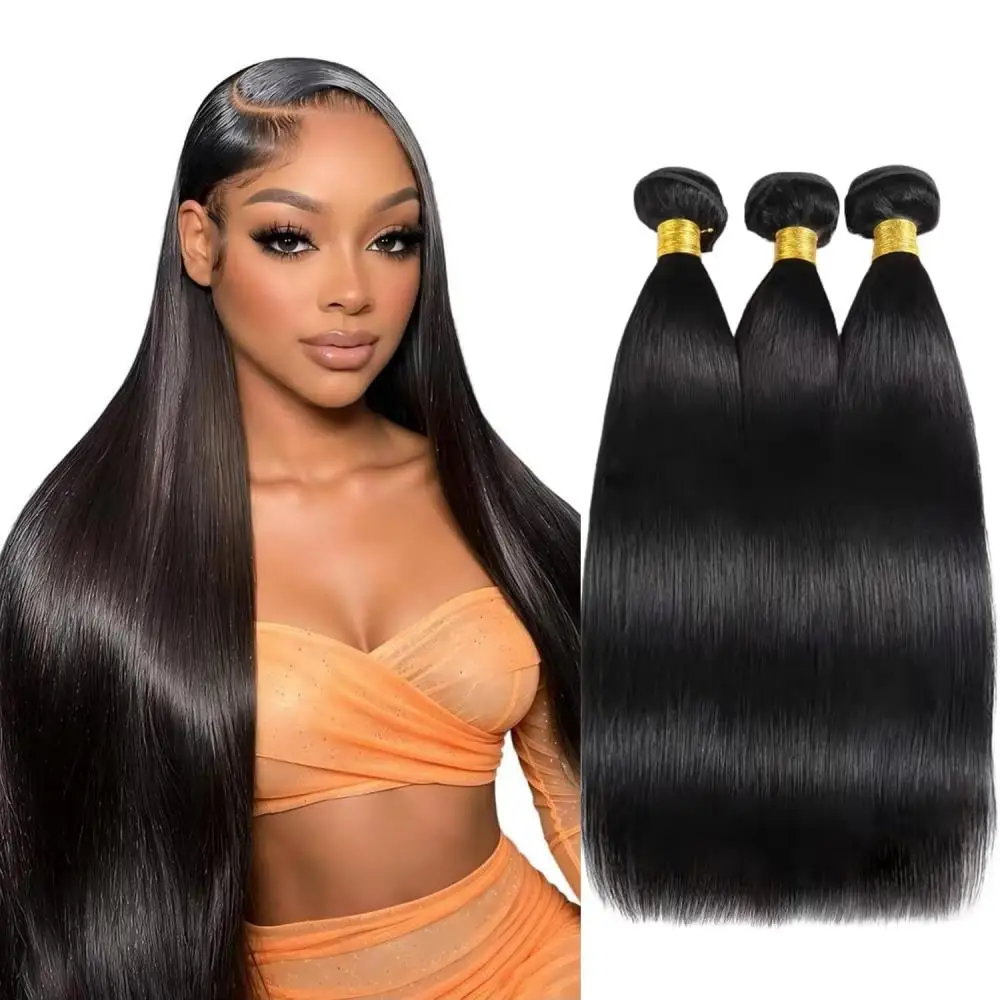 12A Fasci di capelli umani 26 28 30 pollici, lisci, 3 fasci, colore nero naturale, fasci di capelli umani lisci, morbidi e setosi, capelli vergini brasiliani di grado 12A, senza grovigli, senza
