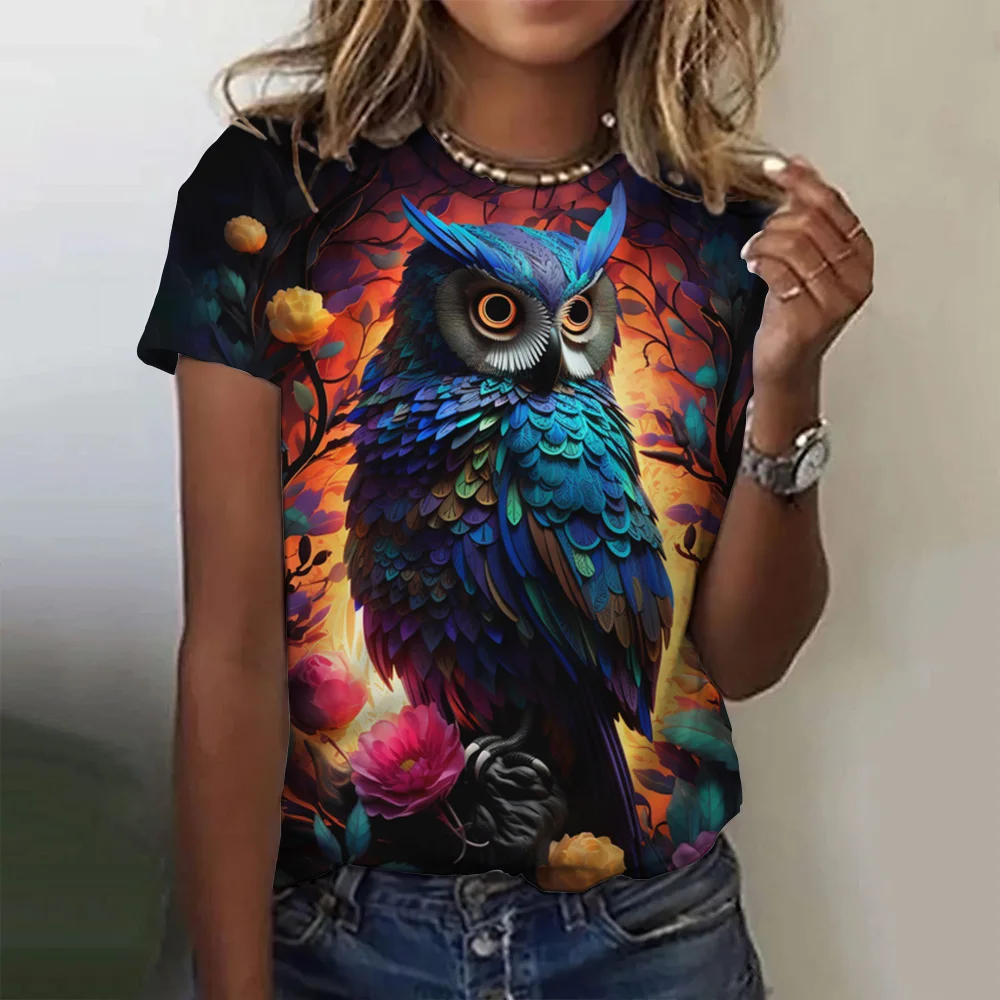 Fashion Women Short Sleeve 3d Cute Owl Graphic Printed Tees Animal Print Round Neck T-Shirt Oversized Female Clothing Ladies Top