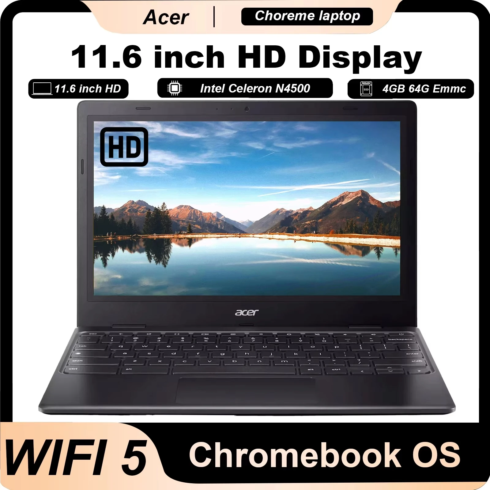 Acer-11.6 "HD Display Chromebook Laptop, 4GB, RAM LPDDR4, 64GB EMMC, Intel N4500, Intel UHD Graphics, 10 horas de duração da bateria, 311