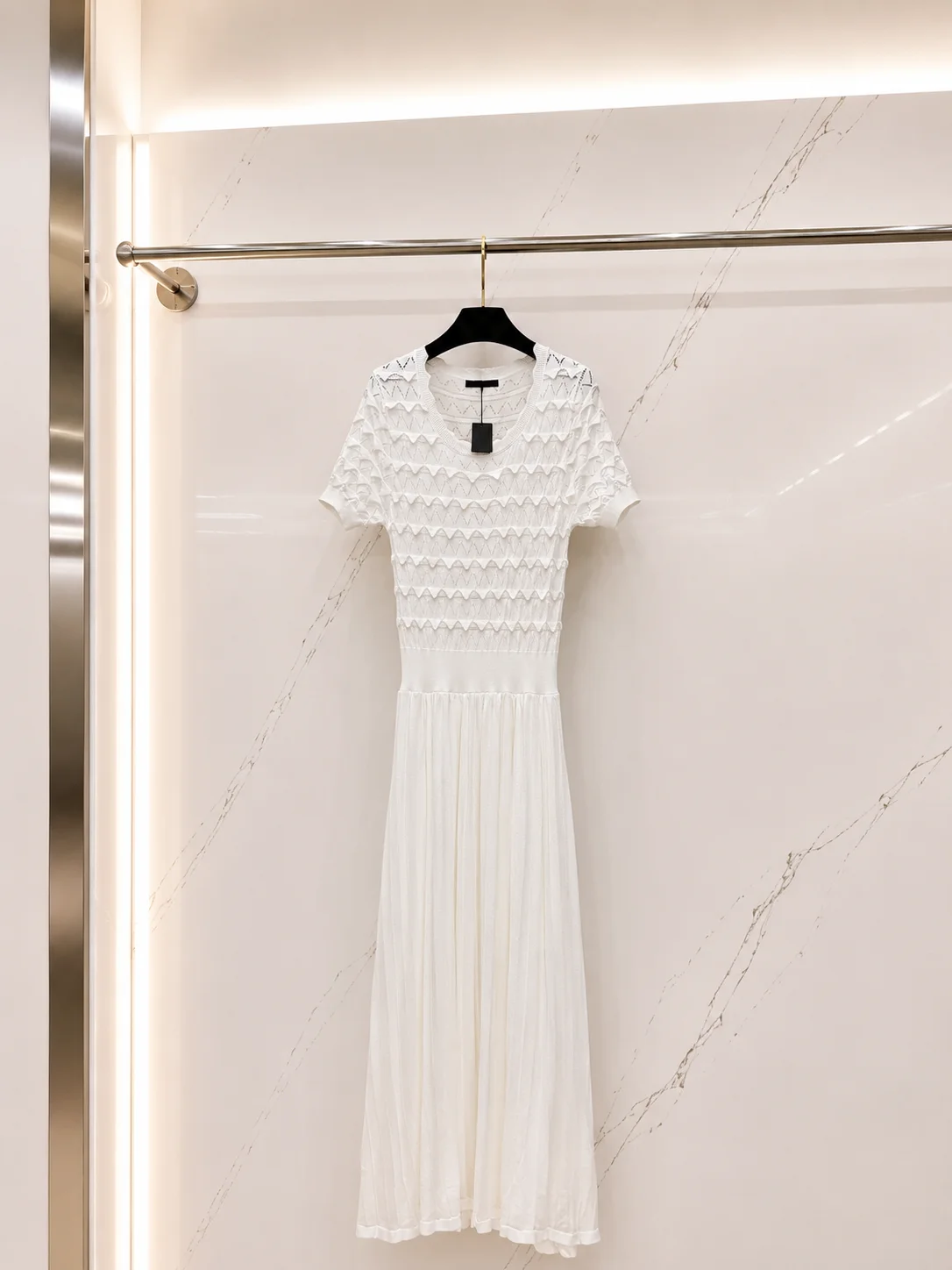 2026 Women Dress Elegant Wave Ruffle Hollow Short Sleeve High Waist Pleated Flowy Knit Maxi Outfit