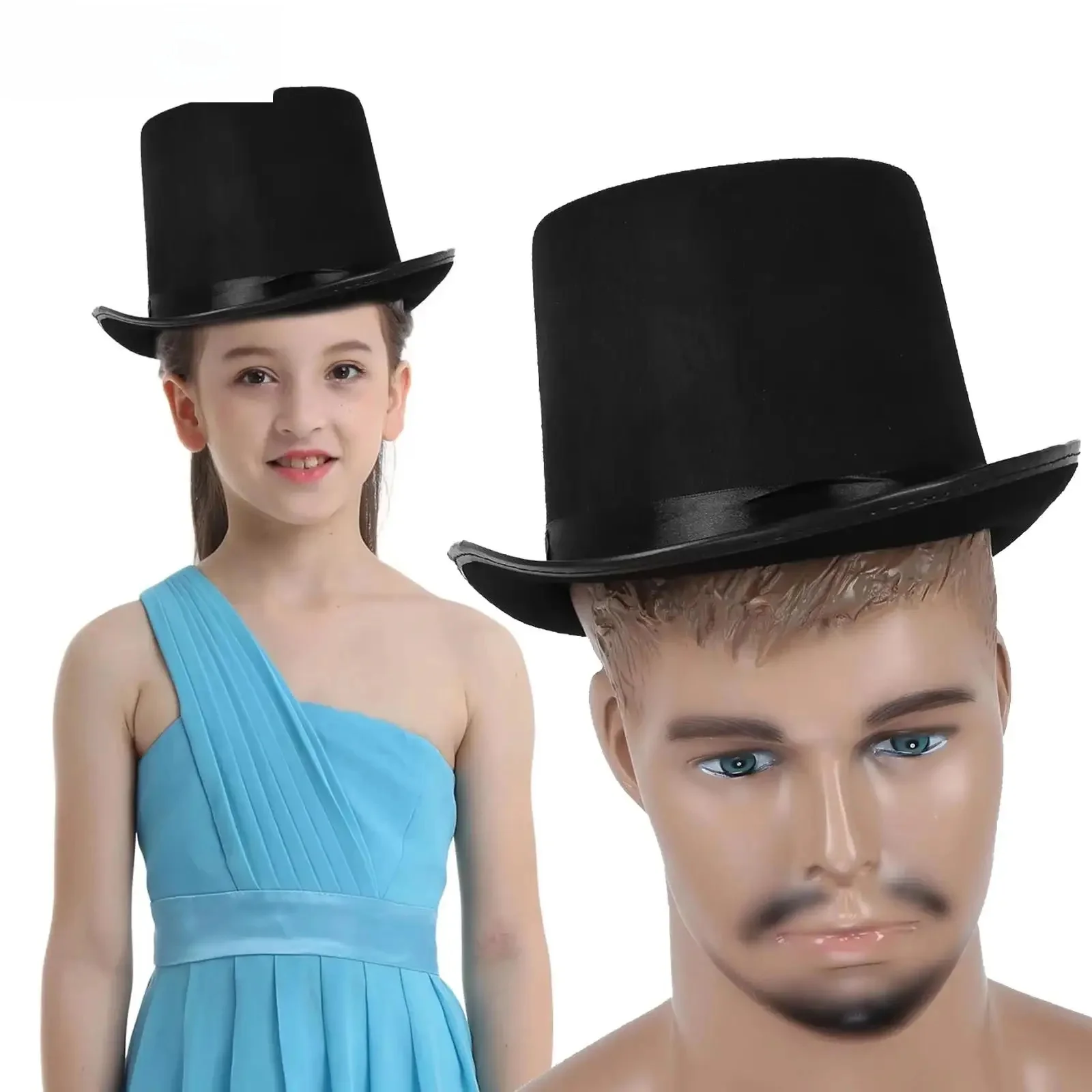 Chapeau haut de forme en satin et feutre de polyester noir, chapeau de magicien, bonnet Ringmaster, accessoires de costume de fête, convient à la plupart des adultes et des enfants, taille unique