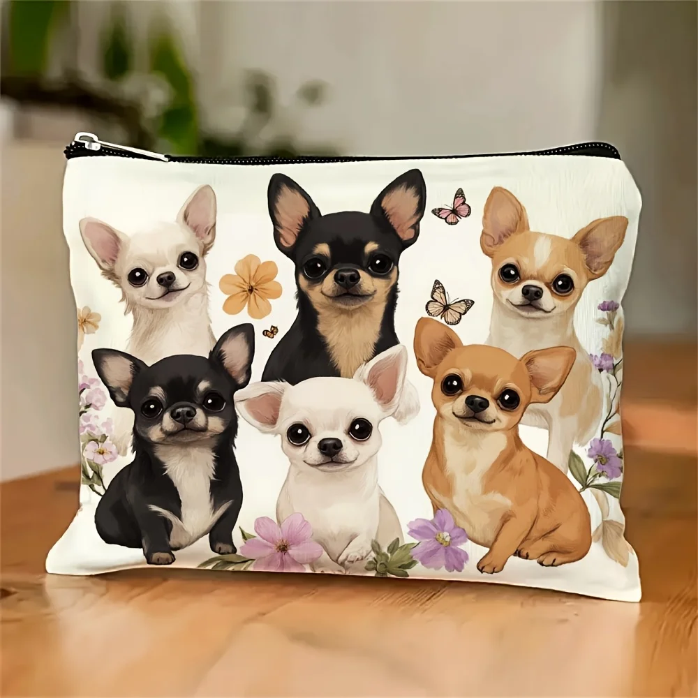 1Pc Cute Dog Retro Design Makeup Bag, Fashionable Toiletry Bag, Snack Storage Bag, Stationery Storage Bag, Canvas Double-Sided Printed Travel Bag