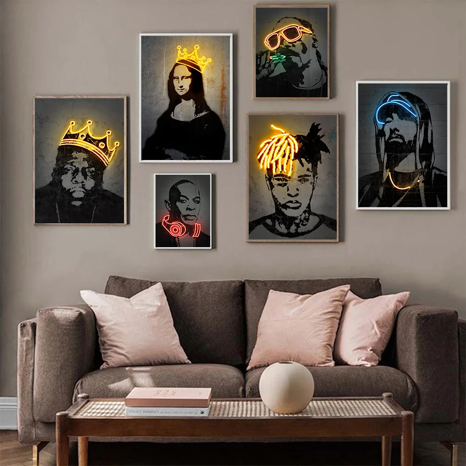 Abstract Neon Effect Hip Pop Rapper Singer Star Posters Canvas Painting 2Pac Mona Lisa Wall Art Pictures Home Bar Decoration