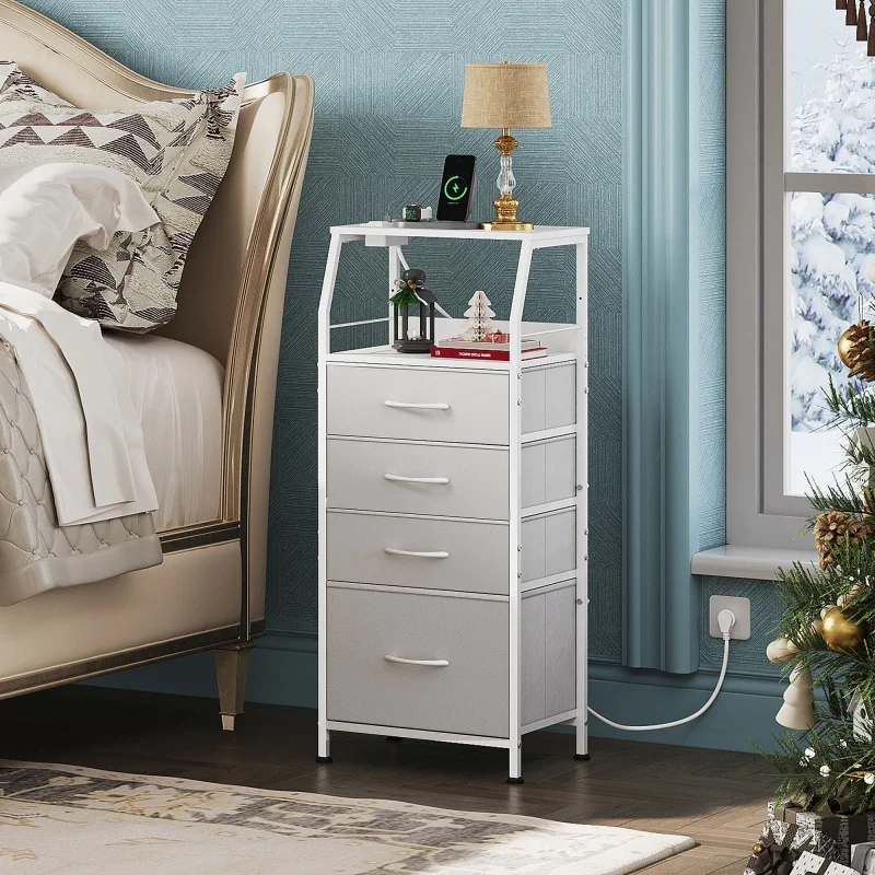 

GALAXHERO Nightstand with Charging Station LED Light 4 Drawer Dresser Bedside Table Fabric Storage Bins Open Shelf Metal Frame