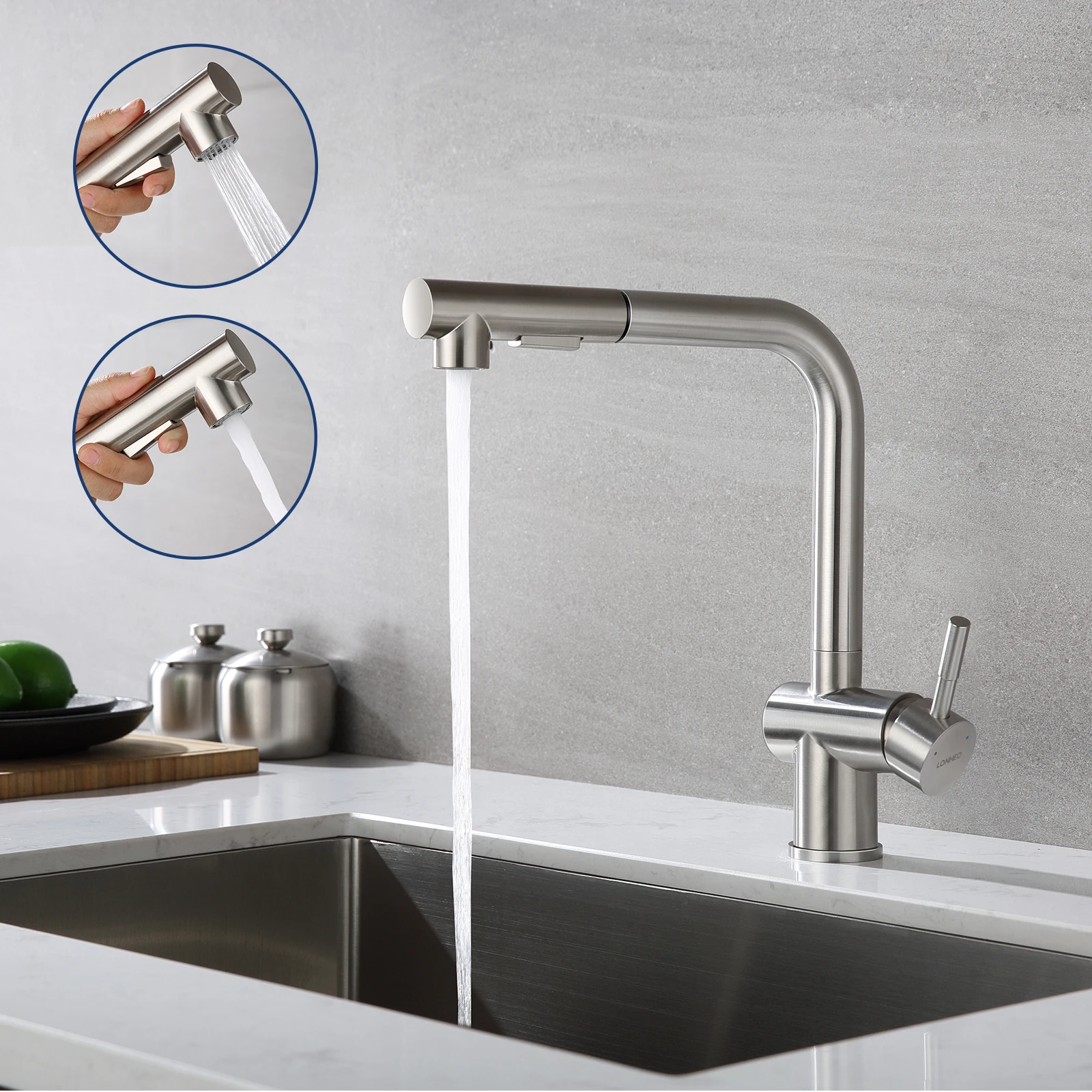 Küchenarmatur Edelstahl Gebürstet, L-Form Herausziehbar Wasserhahn Küche 360 Drehbar, 3 Strahlarten Kalt Warmwasser Einhandmischer, Edelstahl 304 Spültischarmatur G3/8 Neoperl Schlauch, Montage