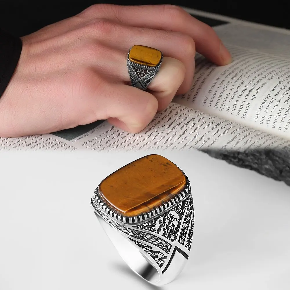 Men's 925 Sterling Silver Ring, Tiger 'S Eye Stone, Vintage Turkish Style, Real Natural Stone, Free Shipping, fashion Accessory Dropshipping