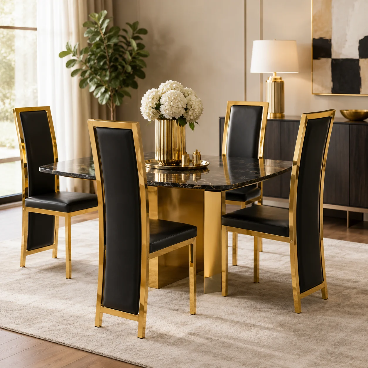 4er Set Esszimmerstühle Mit Goldkante, europäisch minimalistische Stühle aus schwarzem PU Leder mit goldglänzendem Metallrahmen, Höhe 109 cm, bequeme Polsterung für Esszimmer, Büro oder Wohnzimmer,