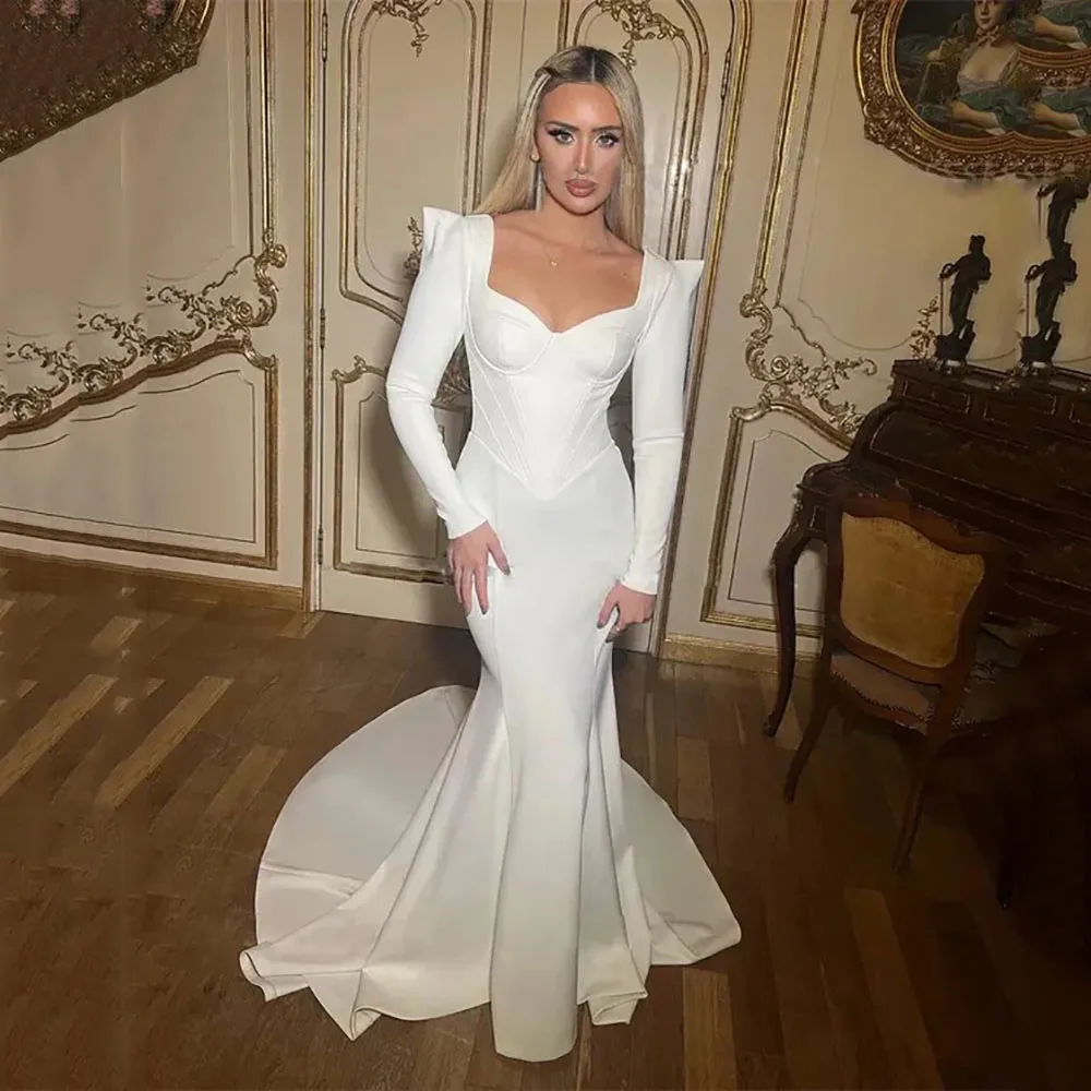 

Msikoods Elegant White Long Sleeve Mermaid Wedding Gown Corset Customized Bridal Gown Long Train Wedding Party Dress for Women