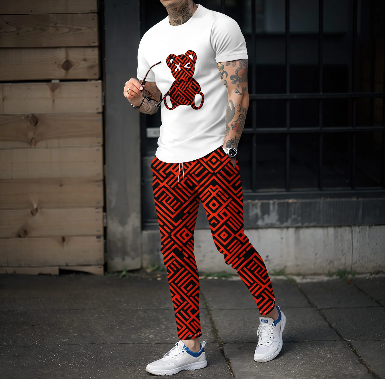 2024 New Men\'s Fashion Cartoon Bear Printed T-shirt Fashion Comfortable Pants Hip Hop Retro Casual Versatile Set Street Clothing