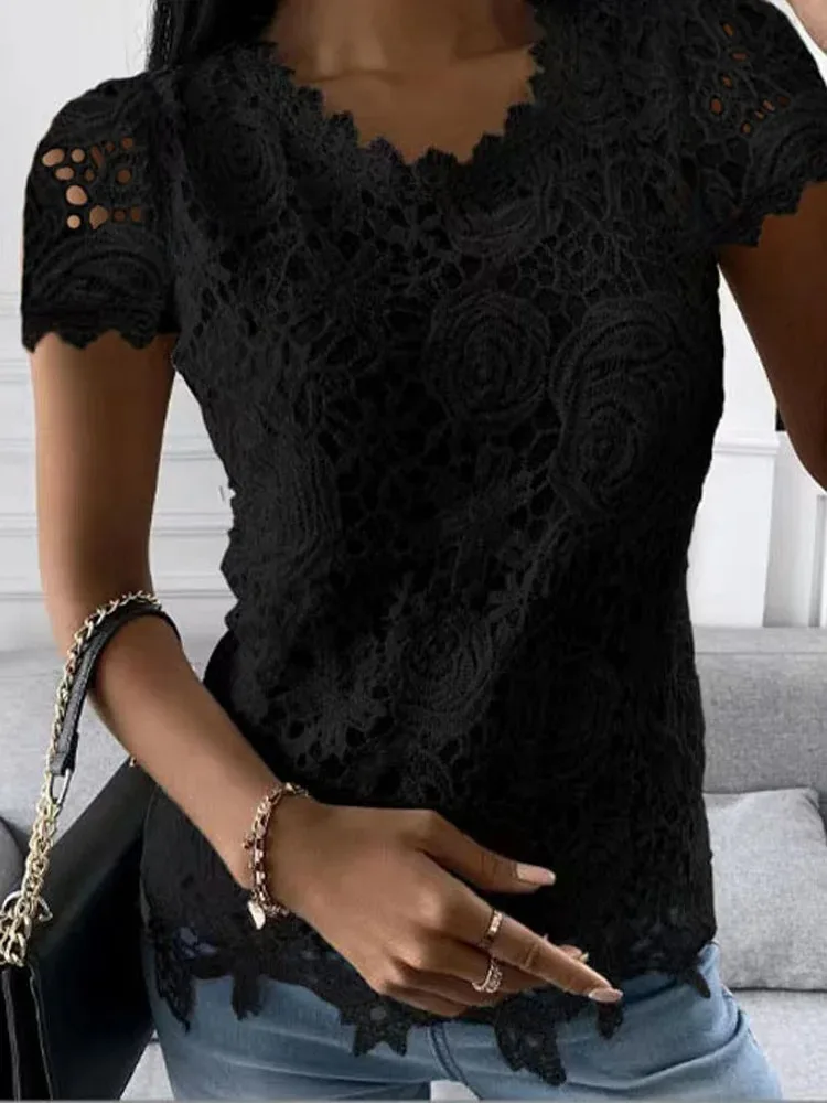 Y2k Vintage Lace Blouse Women T-Shirts Sexy O-Neck Short Sleeve Patchwork Elegant Fashion Clothes Streetwear Casual Solid Tops