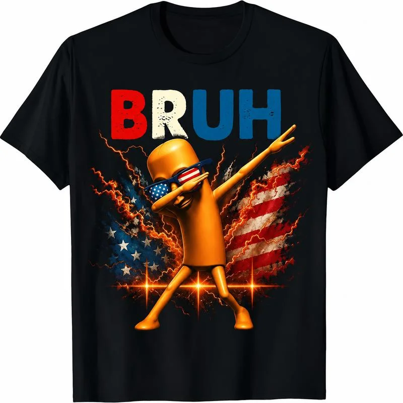 Men's Regular Fit Cotton Casual Funny Meme T-Type T-Shirt - Streetwear Crew Neck, BRUH Hotdog Dabbing Lightning, TUNGTUNGUNG Sahur Vibe Quirks, Machine Washable, for Casual Outings, Quirky Gift Option