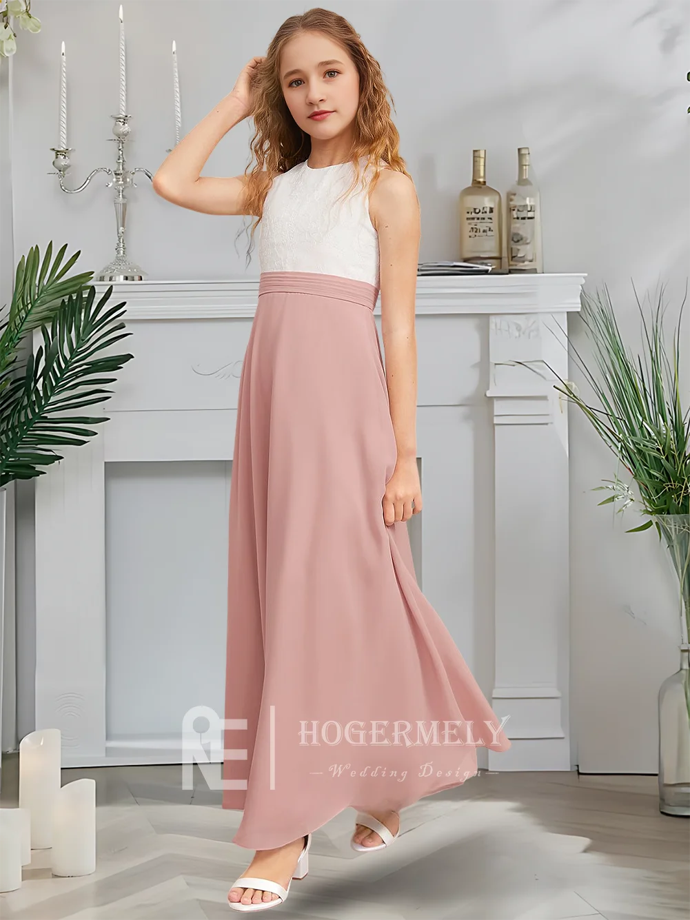 

A Designer A-Line Junior Bridesmaid Dress Mauve Mist Flower Girl Dress Scoop Neck Chiffon Lace Garden Gala Dance Wedding Party