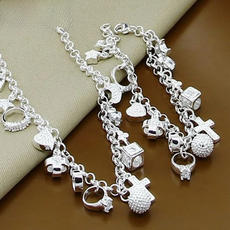 DOTEFFIL 925 Sterling Silver Heart Ball Cross Star Wisiorek Naszyjnik Bransoletki Zestaw Dla Kobiet Biżuteria Ślubna Zaręczynowa — zdjęcie 2