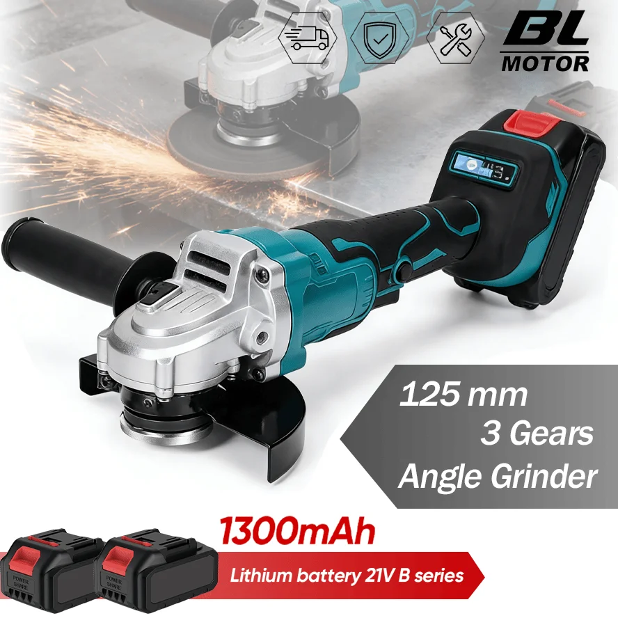 Amoladora Angular Eléctrica sin Escobillas de 125 mm, con 3 Velocidades Variables, 12000 rpm, Herramienta para Trabajar la Madera, Compatible con Batería Makita de 18 V