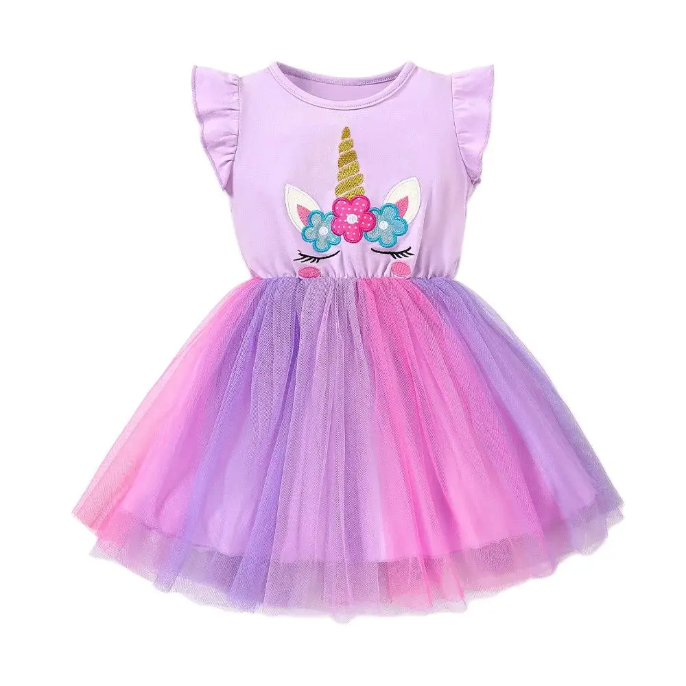 Toddler Girls Unicorn Embroidery Dress Flutter Sleeves Casual Tutu Dress Kids Cute Summer Party Dress