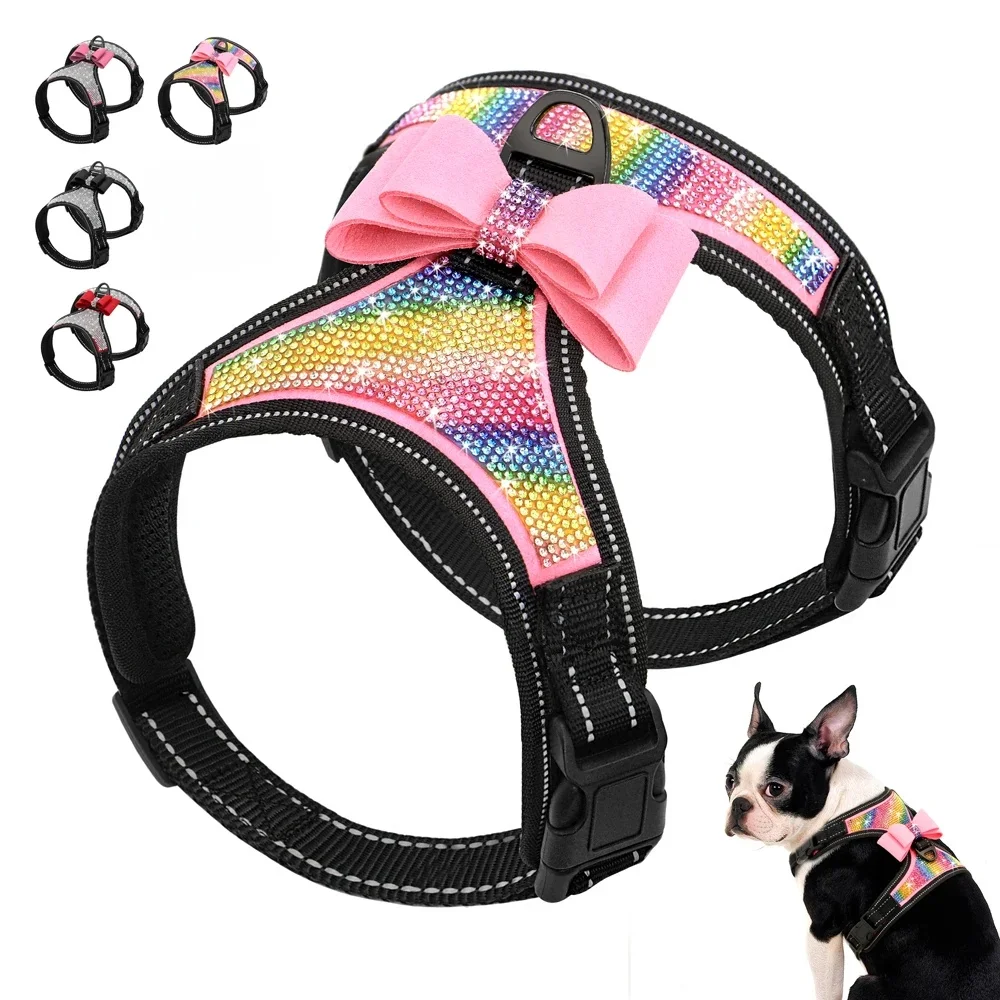Fashion Reflecterende Bling Strass Hond Harnas Nylon Pitbull Pug Kleine Medium Honden Harnassen Vest Met Strik Hond Accessoires - afbeelding 2