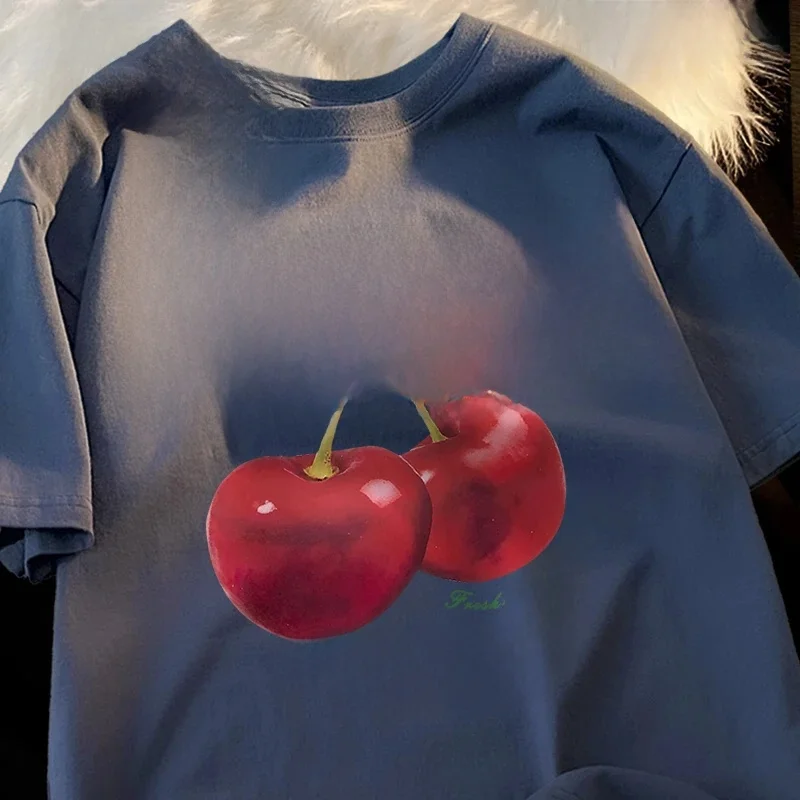 Wiśnie modne owoce mężczyźni kobiety ubrania wzór odzież z okrągłym dekoltem wzór luźne topy prostota Crewneck para t-shirtów — zdjęcie 2