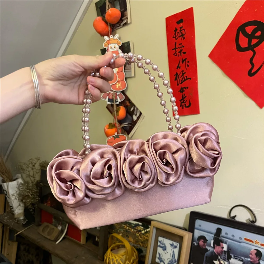 Silk Rose Basket Women Bags Evening Clutch Bucket Bag Banquet Tote Fashion Sac Luxury Soiree Flower Beaded Chain Handbag