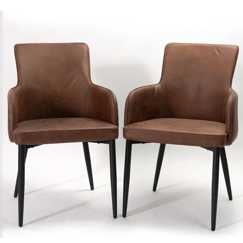 Set of 2 Mid-Century ModernFaux Leather Dinning Chairs with Armrests, Upholstered Vintage Accent Chairs with Black metal Legs