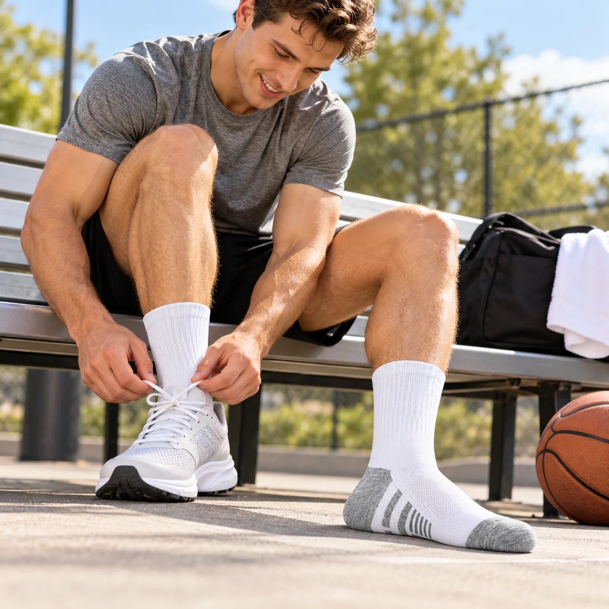 6 Pairs Men Women Crew Socks – Unisex Athletic Sports Socks – Breathable Cushioned Workout & Running Socks with Arch Support – White