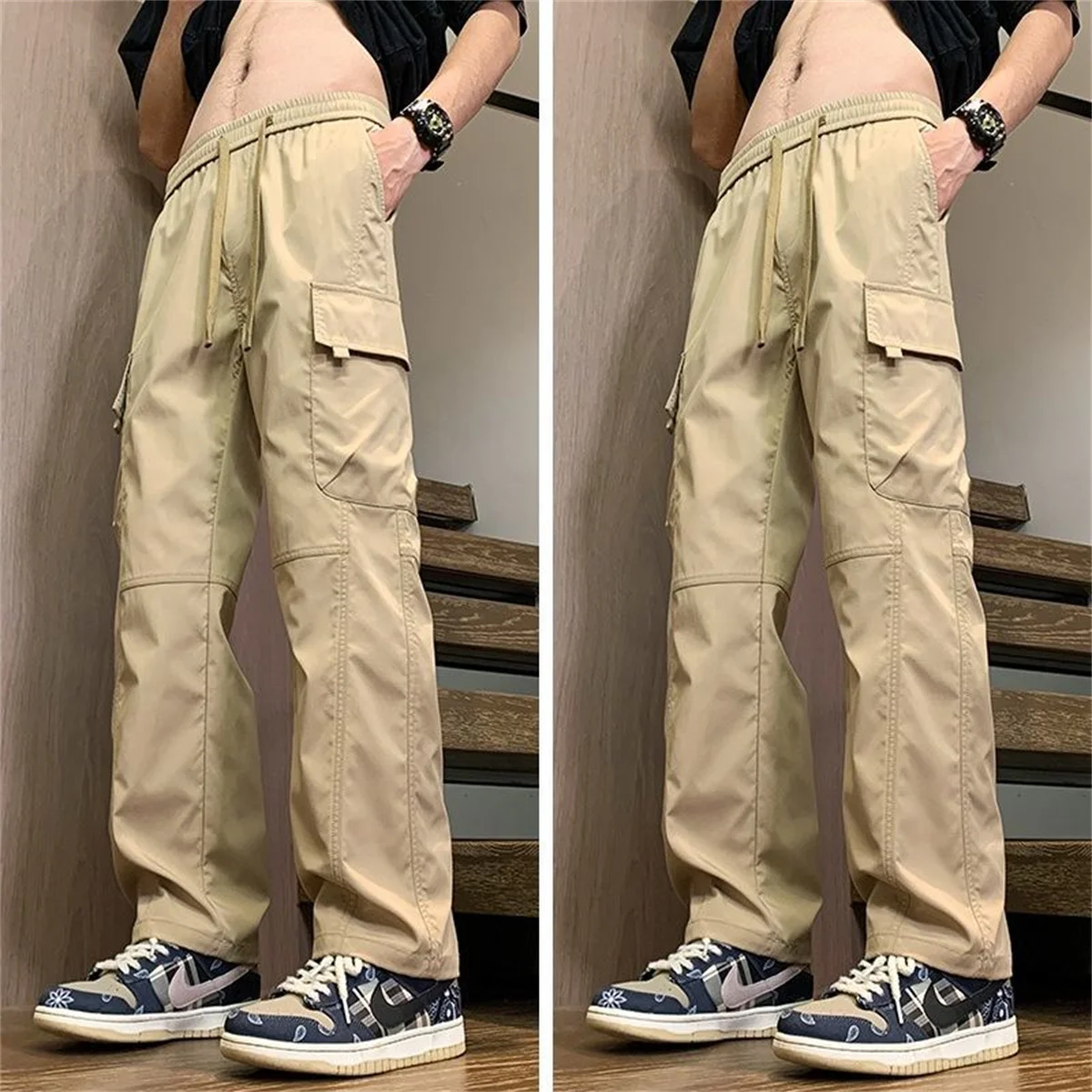 Sommer-Cargohose für Herren, gerader Schnitt, mit vielen Taschen, für Arbeit und Freizeit, lässige Jogginghose, modisch, im High-Street-Stil, für Outdoor-Aktivitäten, atmungsaktiv, locker geschnitten. – Detail 7