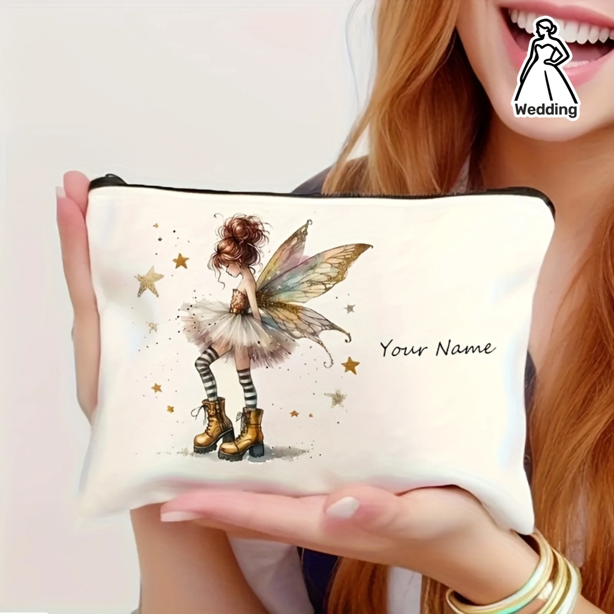 Bolsa de Maquillaje Personalizada con Diseño de Hada Dorada de Alas Doradas - Nombre Personalizado, Diseño de Elfa de Fantasía
