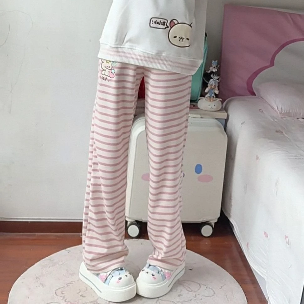 Japanese Kawaii Lolita Straight Pants Women Sweet Striped Cartoon Embroidery Casual Pants Girl Y2k Aesthetic Fairy Cute Trousers