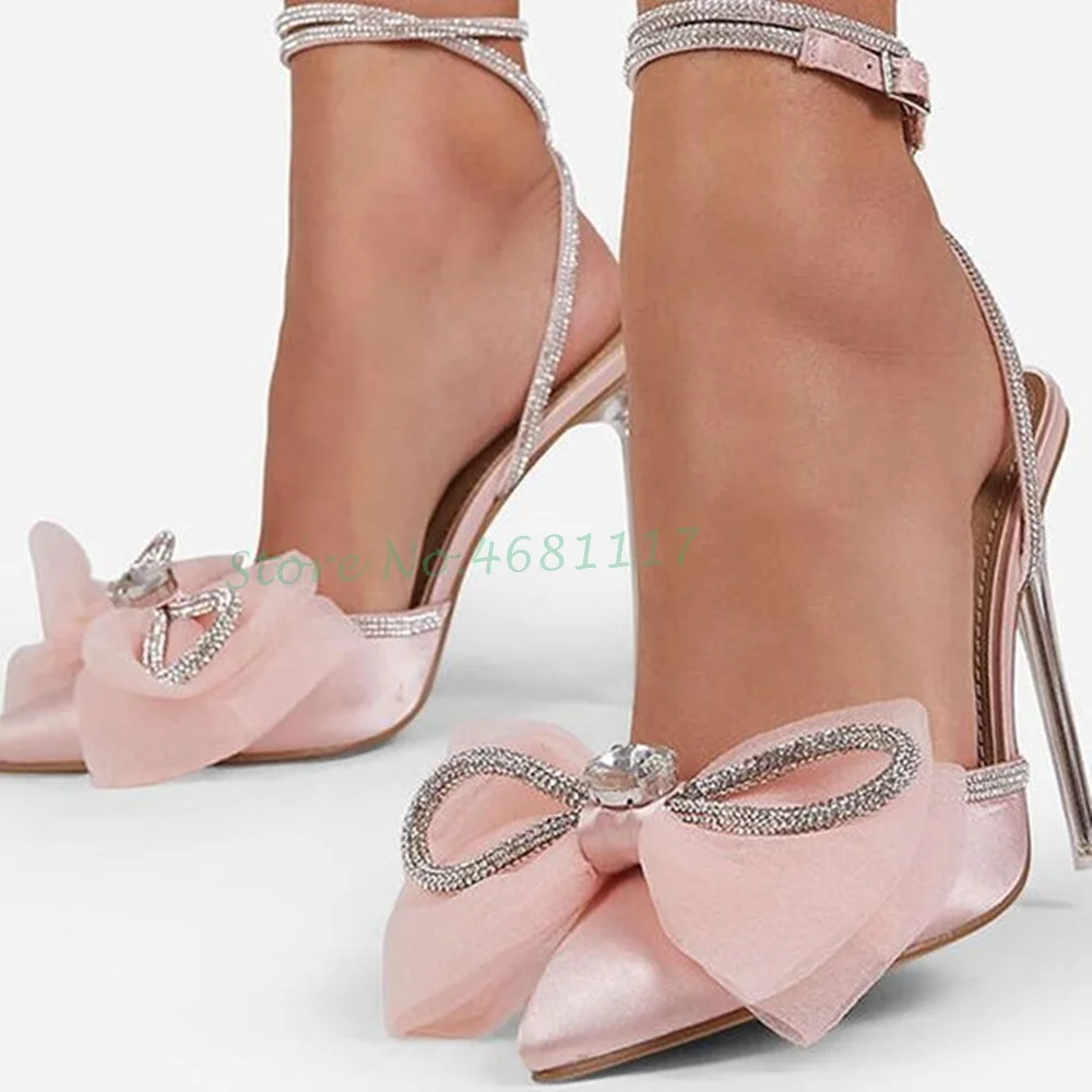 Tulle Crystal Bow Heels Sandals Slingback Thin High Heel Pink Pointy Toe Shoes Summer 2022 All Match Diamond Embellished Sandals