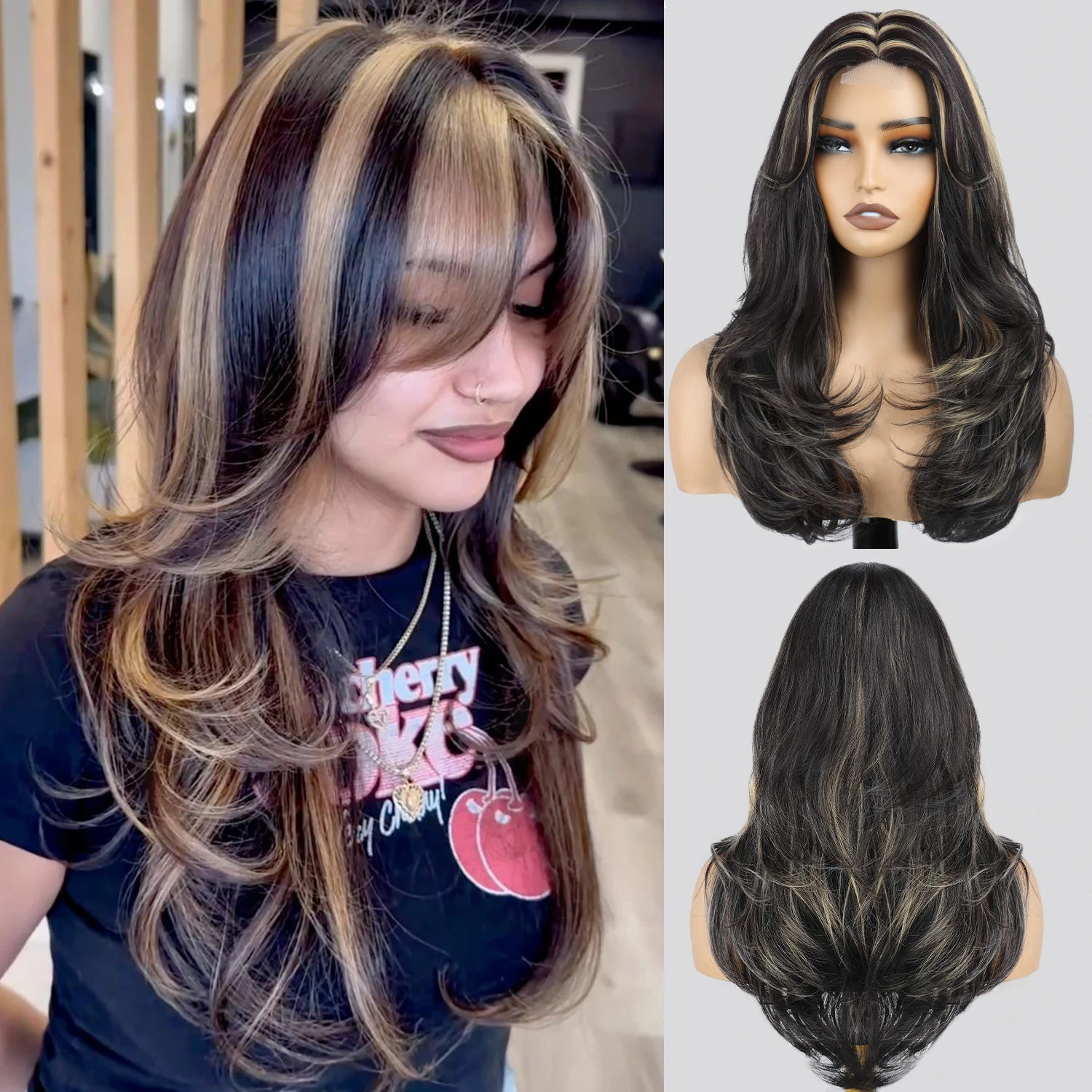 

Женский многослойный парик с мелированием, синтетические волнистые черные волосы с золотыми акцентами, подходит для повседневной носки и вечеринок.