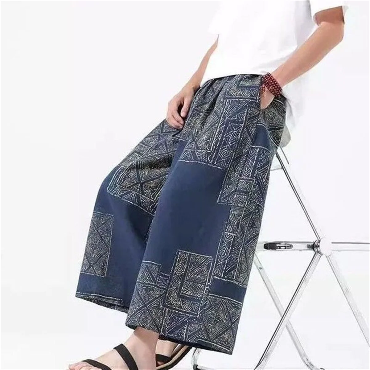 Coole Herren-Strandhose mit Print, Sommerliche Chinesische Lässige Bequeme Weite Hose, Knöchellange Herrenhose für den Alltag, Herrenrockhose – Detail 6