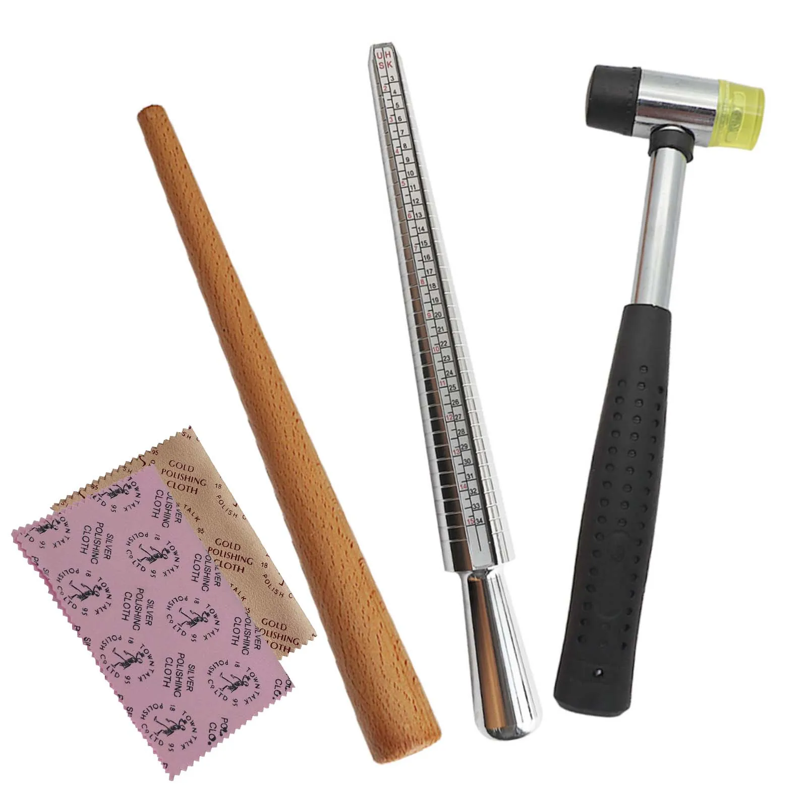 Metal Ring Mandrel Sizer Set – Jewelry Measuring Tool with Rubber Mallet, Wood Ring Shaper & Silver Polishing Cloth