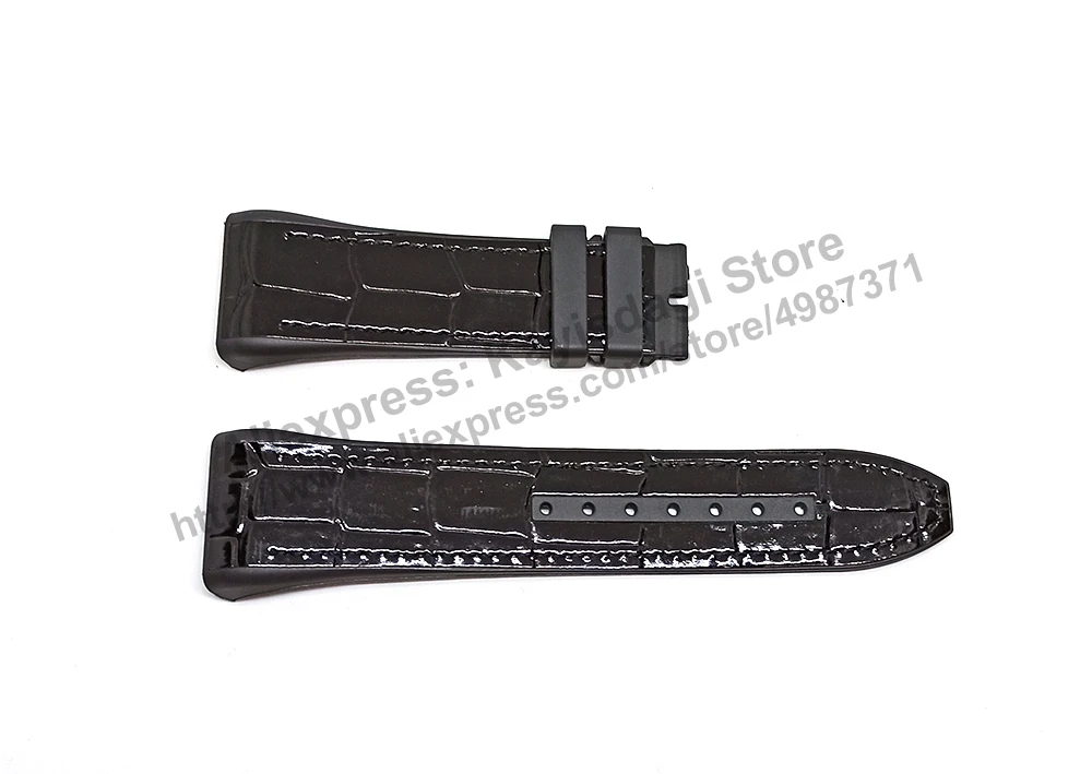 28mm Black Genuine Leather On Black and Navy Blue Rubber Silicone Watch Band Strap Compatible For Franck Muller V45