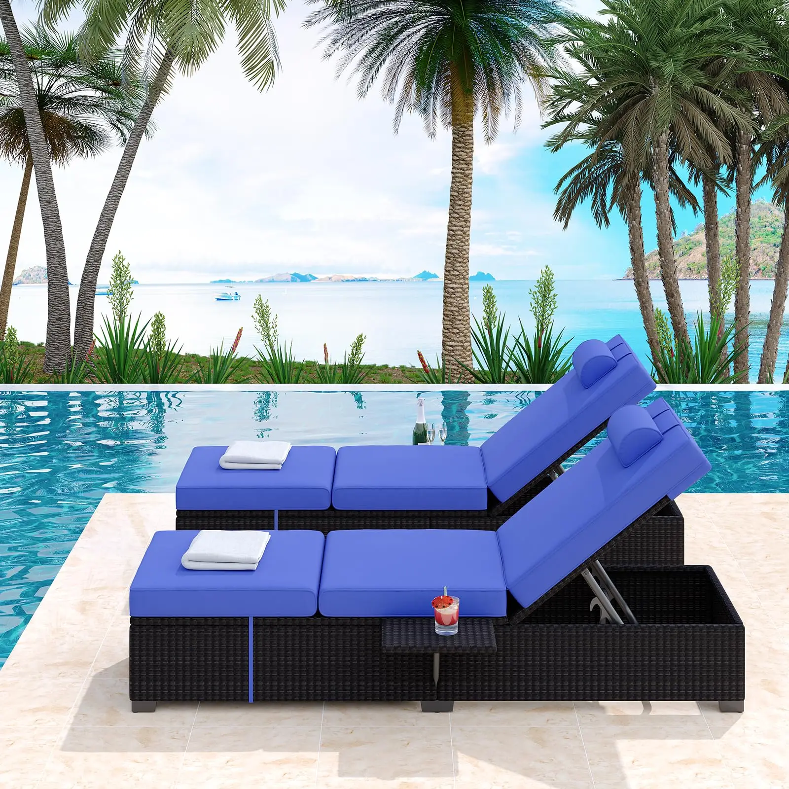 Patio Lounge Chairs,Outdoor PE Wicker Chaise Lounge Set of 2,Chaise Lounge Chair Outdoor，Pool Furniture,Brown Rattan Recliners with Adjustable Backrest,Storage Table,Royal Blue