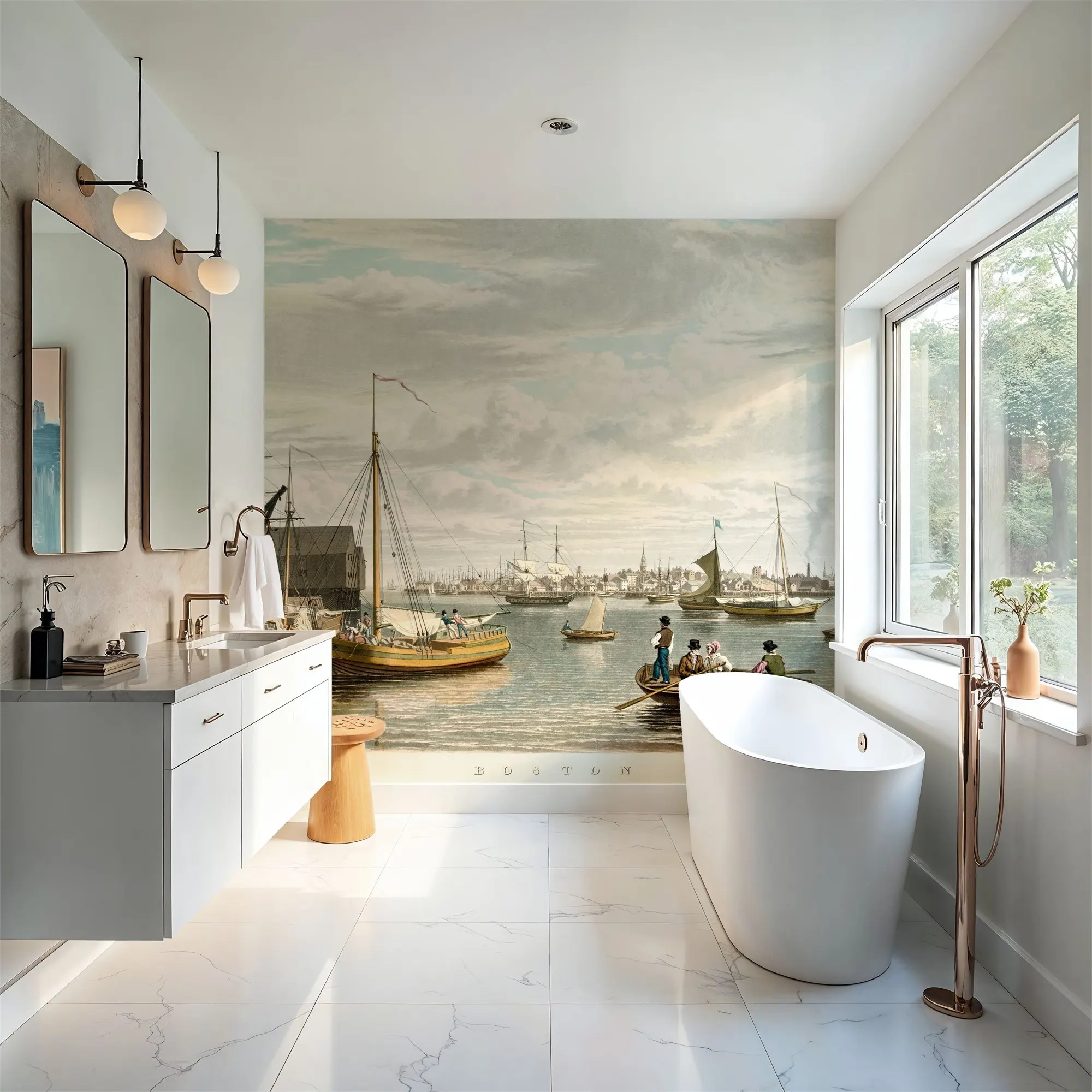 Custom Old view of Boston from City Point 1833 Large Peel and Stick Mural Wall Decor