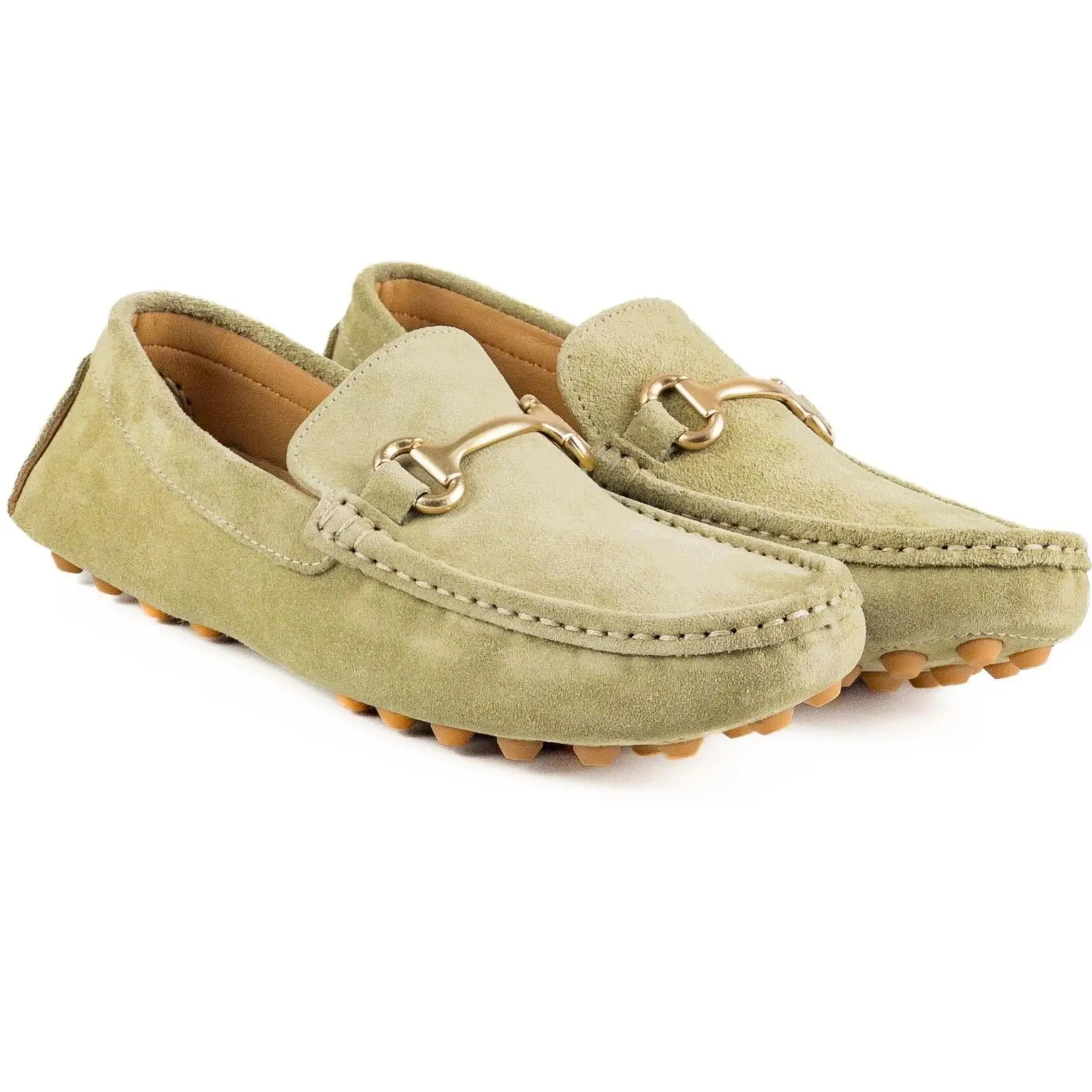 Light Green Suede Leather Gold Buckle Crampon Sole Loafer Men\'s Shoes Handmade in Turkiye