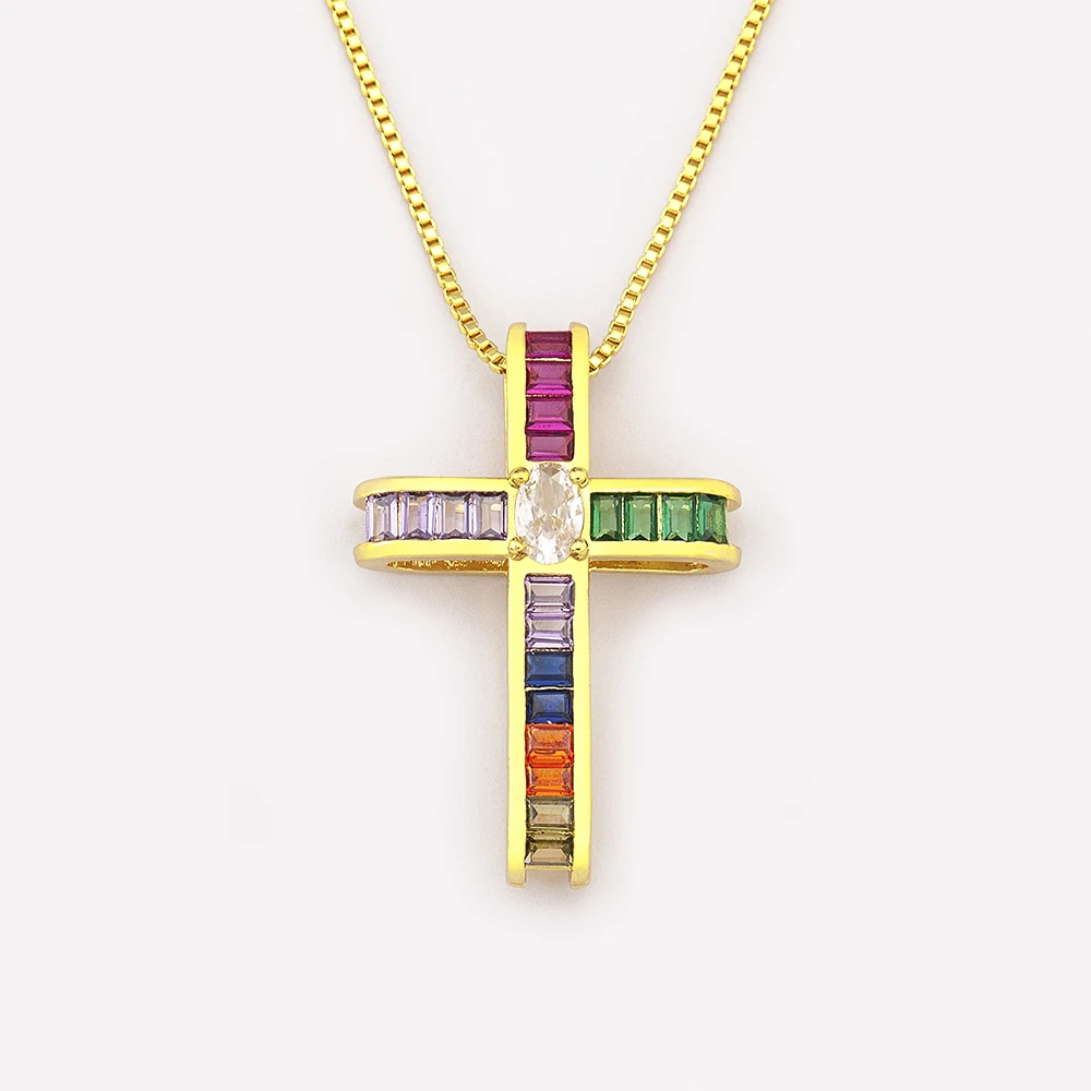 Nidin New Trendy Religious Style Inlaid Colorful Zircon Cross Pendant Necklace For Women Christian Clavicle Chain Accessories