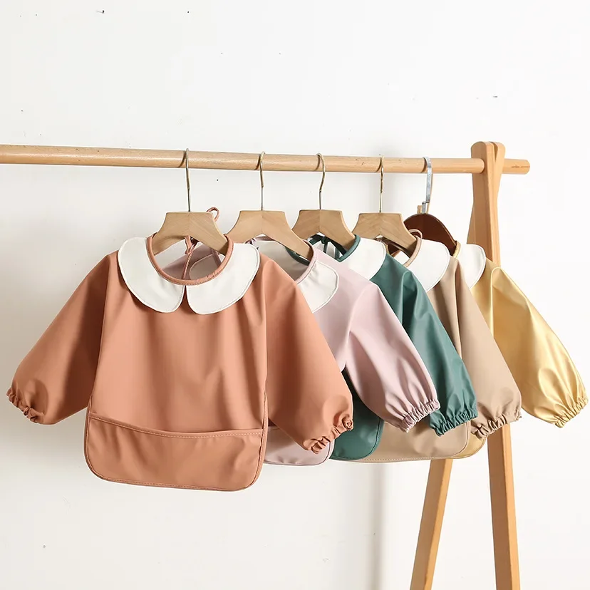 Bavoir à manches longues en PU pour bébés enfants, facile à nettoyer, couleur unie, Faux cuir souple, tablier pour enfants, peinture, Protection des repas, Smock imperméable