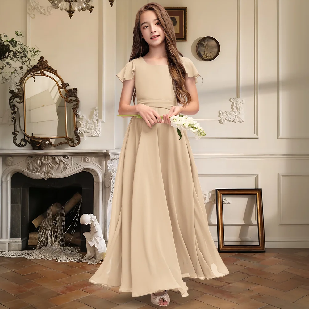 GHK Chiffon A-Line Square Junior Bridesmaid Dress Floor-Length With Sash Flower Girl Dress Girls Formal Wedding Party Occasion