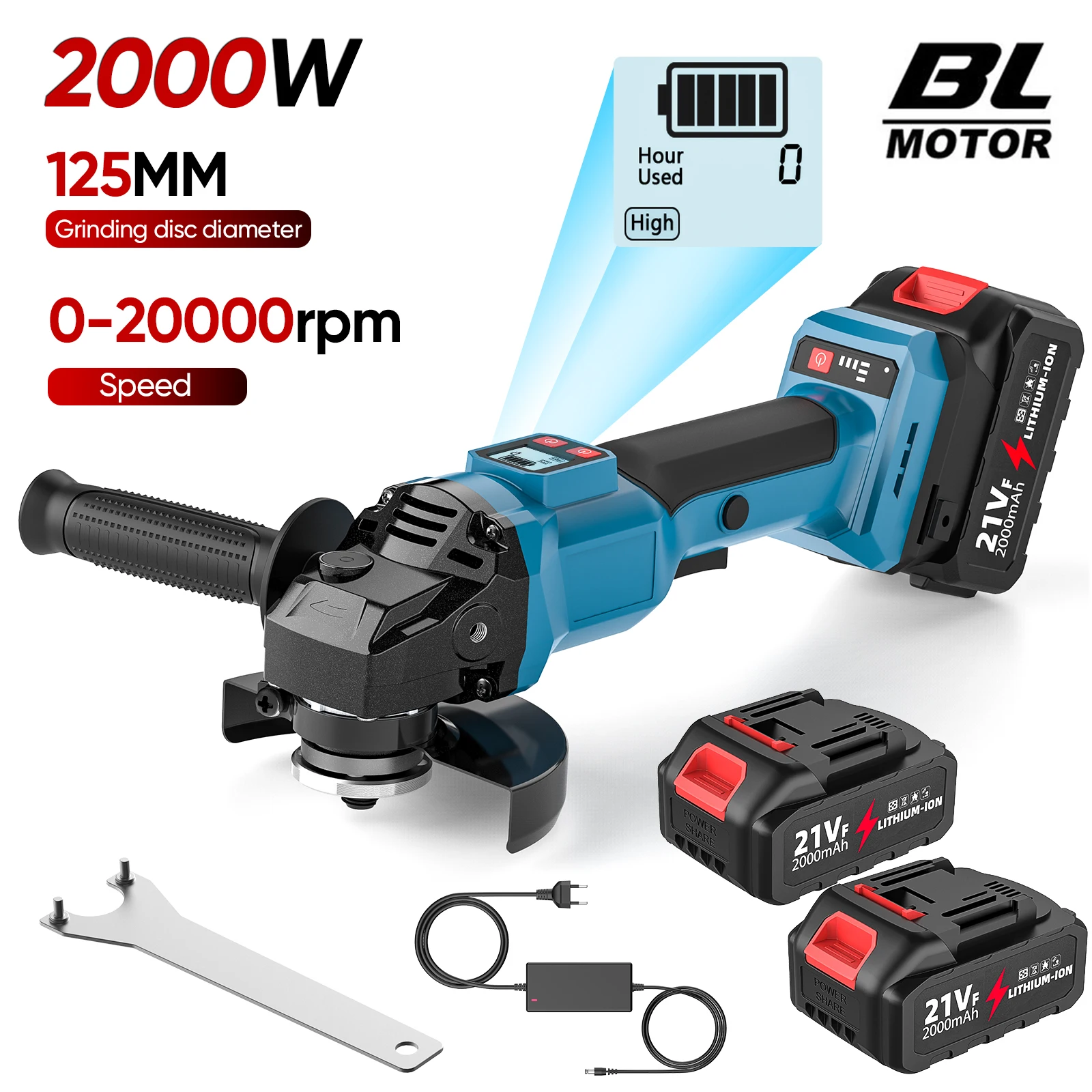 Meuleuse d'angle électrique sans balais de 125MM, Machine de découpe numérique à 3 vitesses à vitesse Variable, adaptée aux outils électriques à batterie 18V