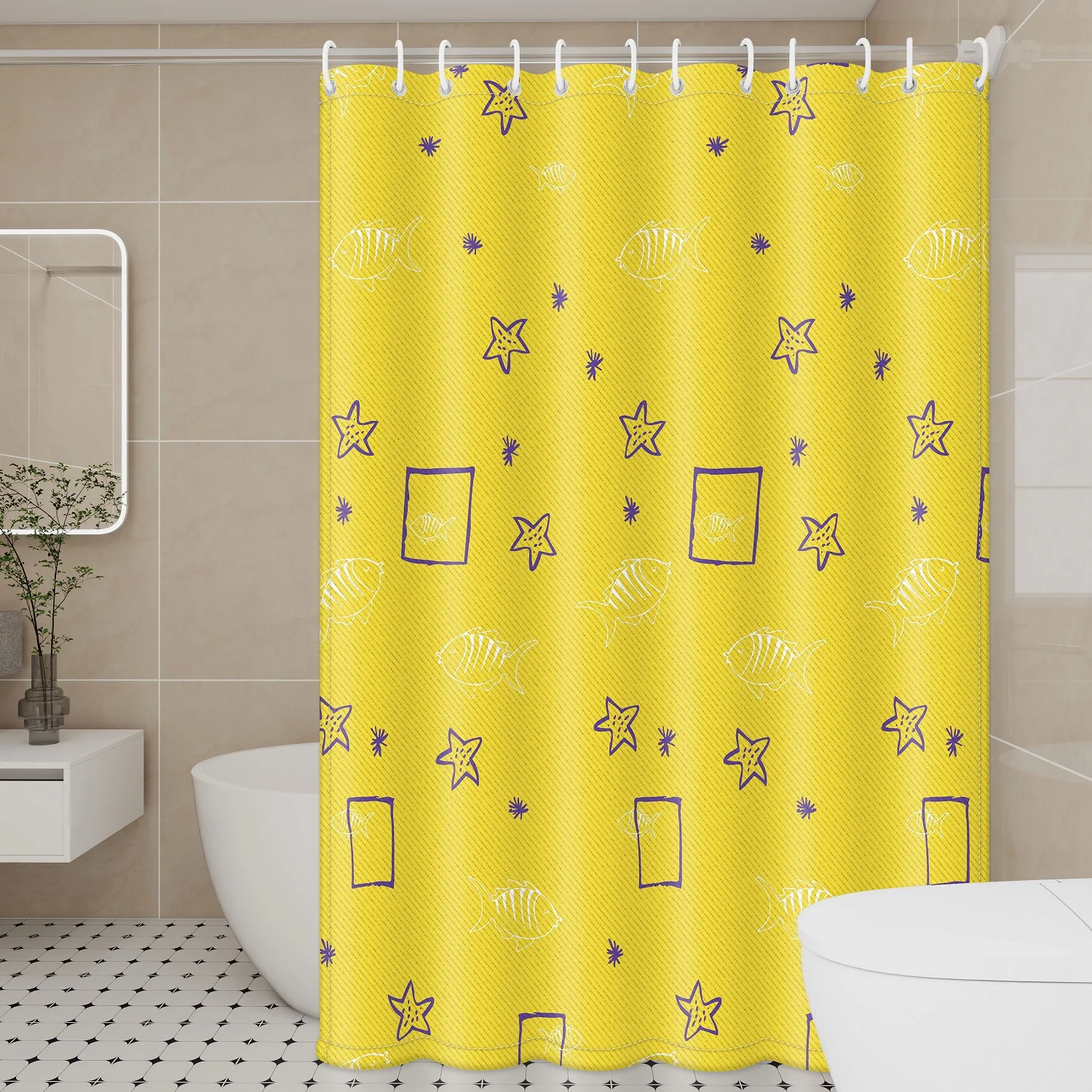 Sonniger gelber Seestern-Duschvorhang – Küsten-Polyester mit Beachy Vibes