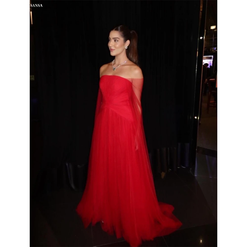 Sansa Customized Red Strapless A-Line Sheer Pleat Prom Dress With Shawl Sleeveless Vestidos De Noche Floor-Length Formal Evening