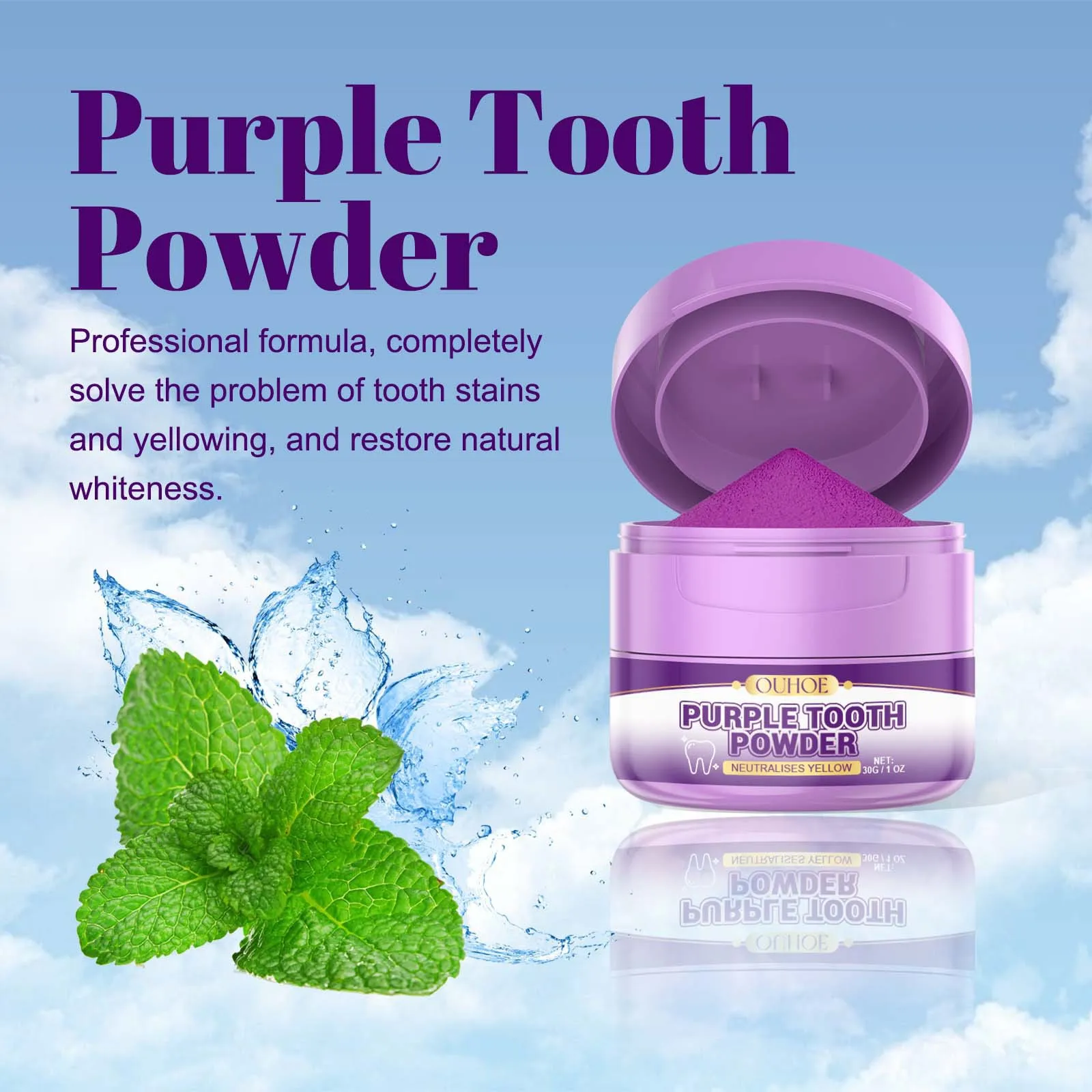 Ouhoe 30g poudre de blanchiment des dents nettoyage buccal élimination des dents jaunes correcteur de couleur haleine fraîche hygiène blanchiment des dents poudre