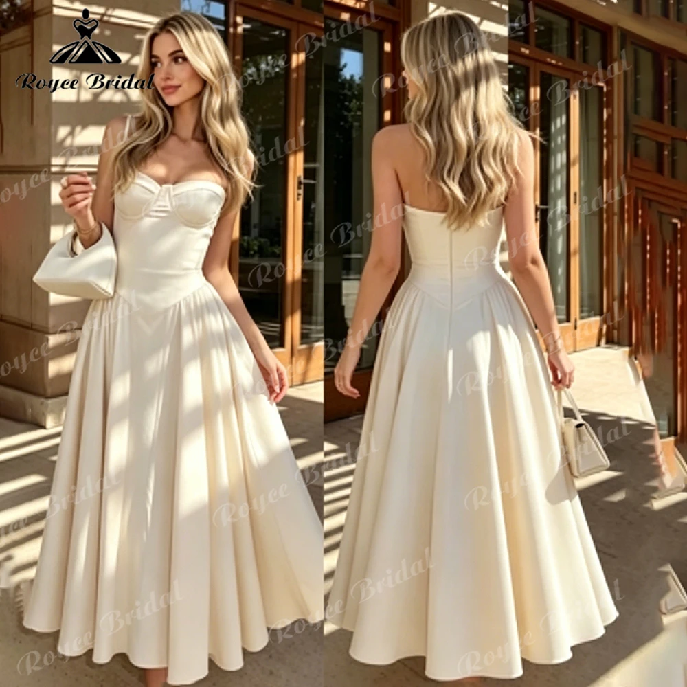 2026 Tea Length Satin Wedding Dress Sweetheart Spaghetti Strap A-Line Civil Elopement Bridal Gown Customized