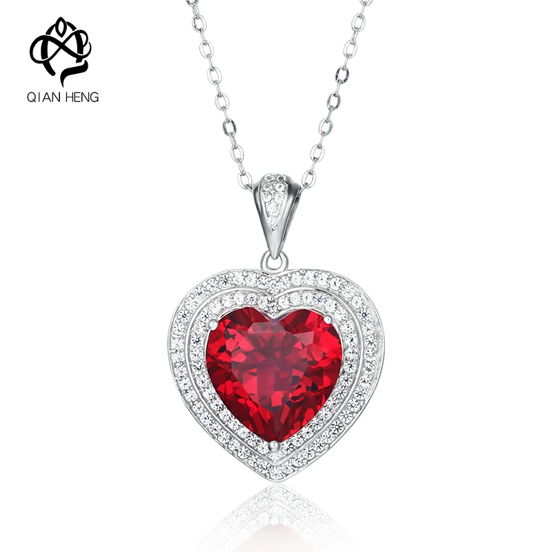 

Qian Heng Vintage Lab Grown Ruby Heart Shape Necklace With Chain S925 Silver Gems Necklaces For Women Sterling Sliver Chains