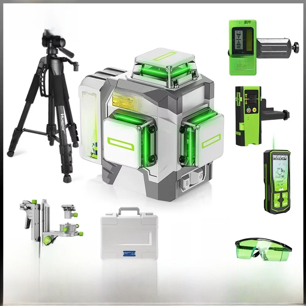 Huepar Professionelles 3D 12-Linien-Lasernivelliergerät ±2mm Hohe Genauigkeit 3 x 360° °   Grüner Kreuzlinienlaser mit 8000mAh Li-Ionen-Akku