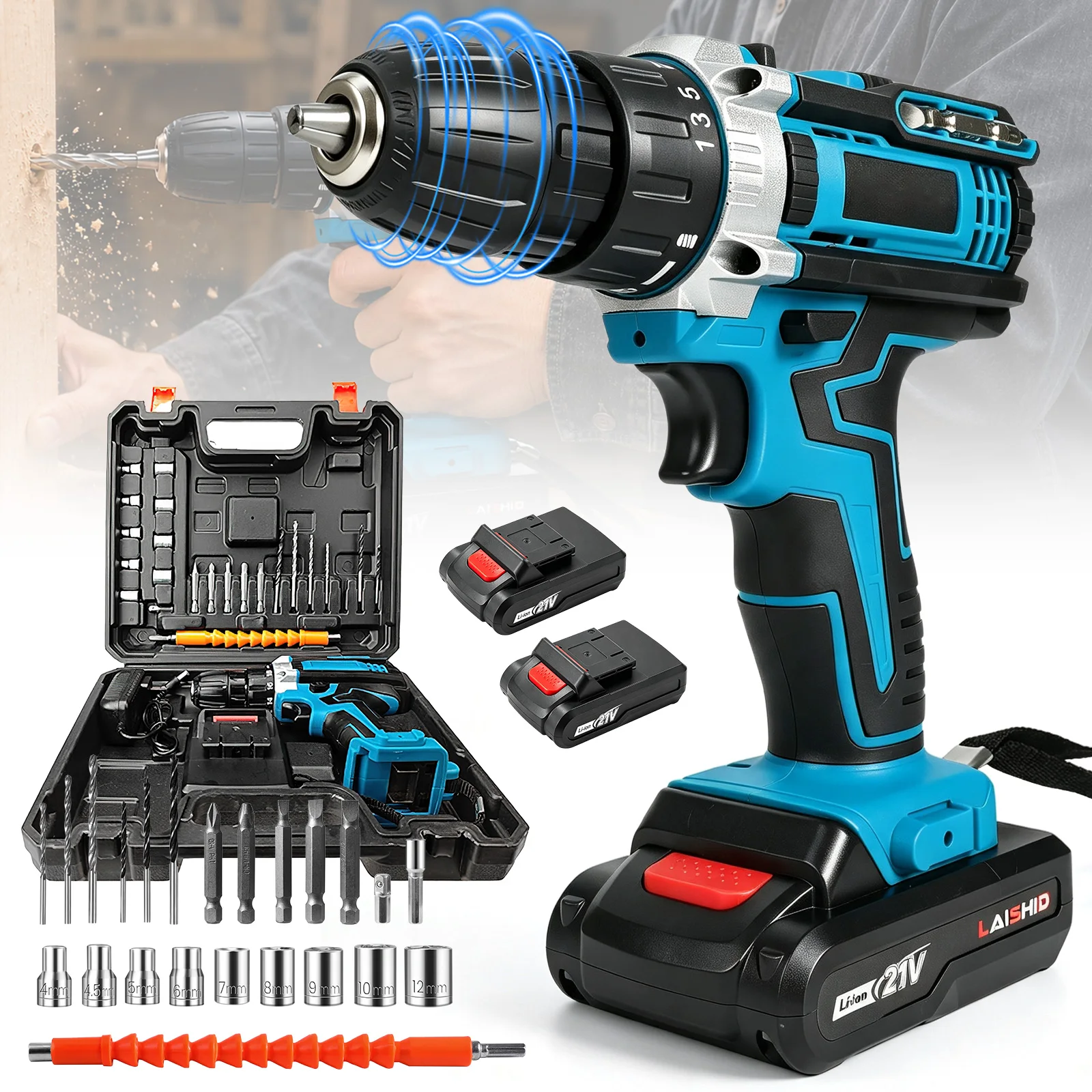 Taladro Inalámbrico Recargable de 21V, Juego de Destornilladores Eléctricos con Batería de 1300mAh, 2 Velocidades 0-350/0-1350RPM para