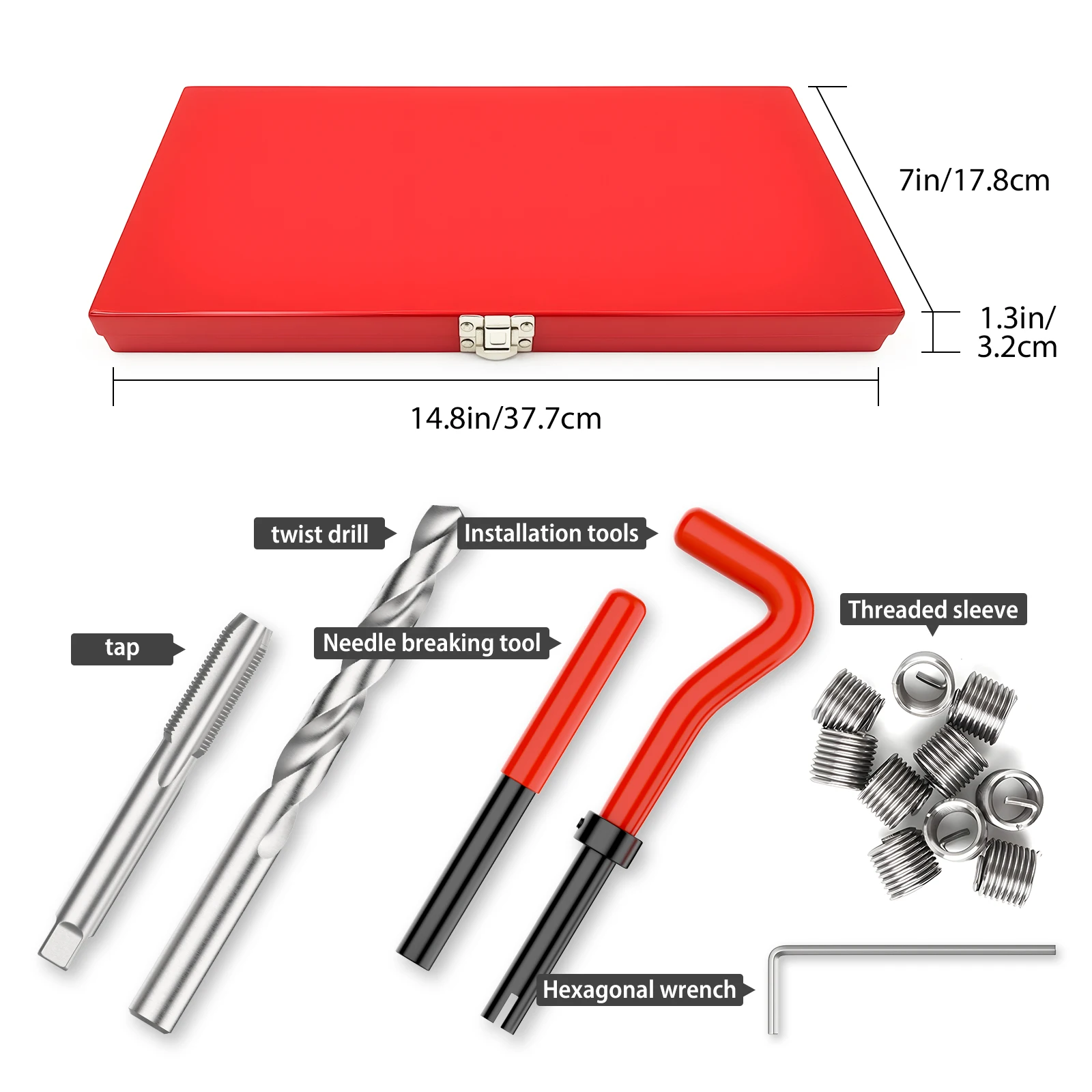 131-delige draadreparatieset met Helicoil inserts, hulzen, draadinserts, tap en boor voor M5 M6 M8 M10 M12