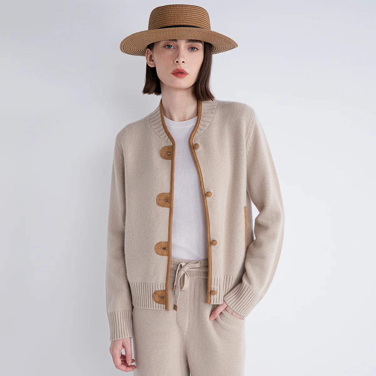 TH852095 Women's Luxury Cashmere LP Cardigan Soft Knit Button Sweater Contrast Trim Minimalist Wool Knitwear for Ladies